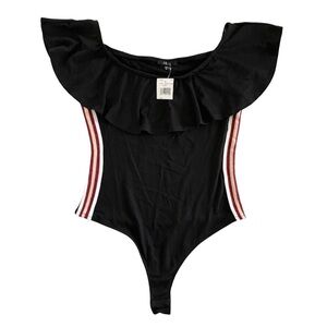 IRIS Black Ruffle Top Snap Bodysuit with Red & Gold Glitter Stripes Womens Small